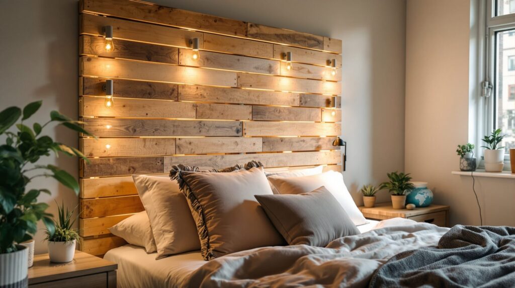 tete de lit en palette avec lumiere